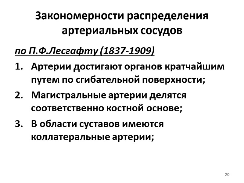 Закономерности распределения артериальных сосудов по П.Ф.Лесгафту (1837-1909) Артерии достигают органов кратчайшим путем по сгибательной